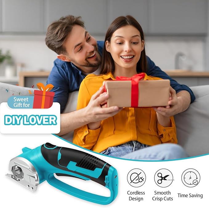 Cordless Electric Scissors, 4V Rechargeable Box Cutter & Cardboard Cutter with Titanium Blade, LED Light, Safety Lock - Rotary Cutter for Fabric, Leather, Carpet, Plastic, Crafting, Sewing(Turquoise)