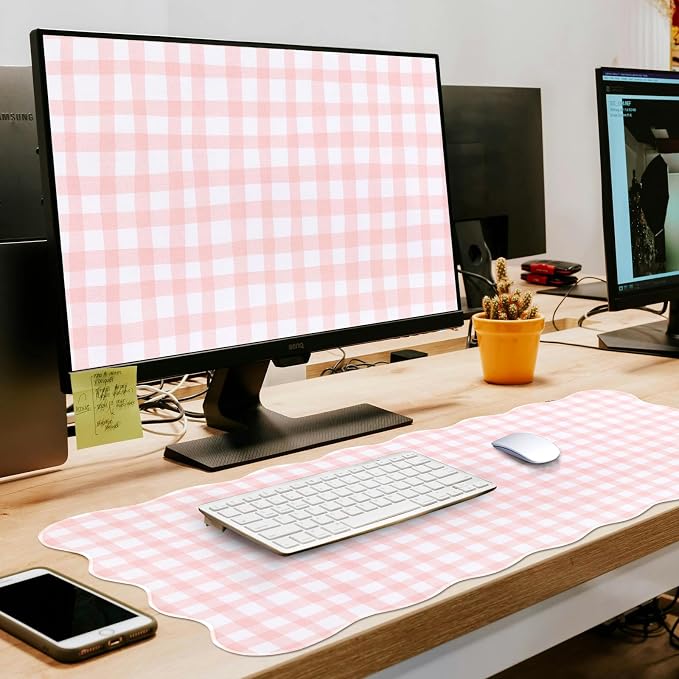 L-SPOUTTO Pink Checkered Mouse Pad,Cottagecore Scalloped Desk Mat XXL Large Cute Pastel Gaming Mousepad,35.4x15.7in Non-Slip Keyboard Pad Waterproof Desktop Mat for Laptop Computer Game Home Office