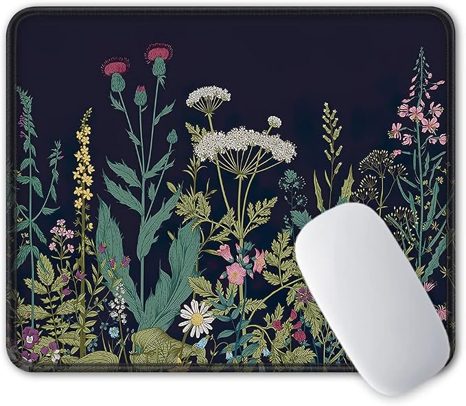 BOSOBO Mouse Pad, Square Anti-Slip Rubber Gaming Mousepad, Premium-Textured & Waterproof Mouse Mat with Stitched Edge, Cute Office Mouse Pads for Women Men Computer Laptop, 10" x 8", Black Flowers