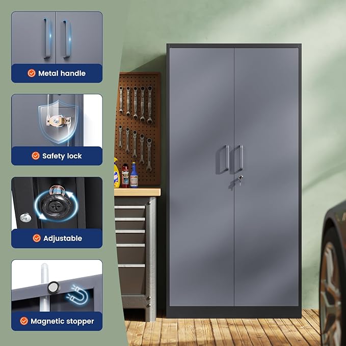 Metal Storage Cabinet with Locking Doors and 5 Adjustable Shelves, 72" Garage Storage Cabinet Steel Lockable for Office,Home,Garage