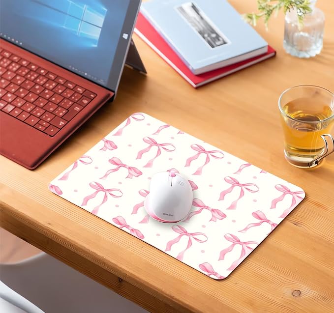 Square Pink Bows Mouse Pad Small, Cute Light Yellow Computer Mouse Pads, Non-Slip Rubber Base Mousepad Washable Cloth, Mouse Mat Decor Gifts, Coworker Gift for for Girls Women, 9.5x7.9 inch