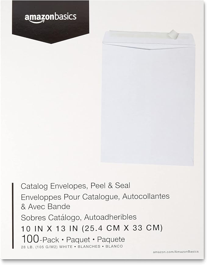 Amazon Basics Catalog Mailing Envelopes, Peel and Seal, 10 x 13 Inch, White, 100-Pack