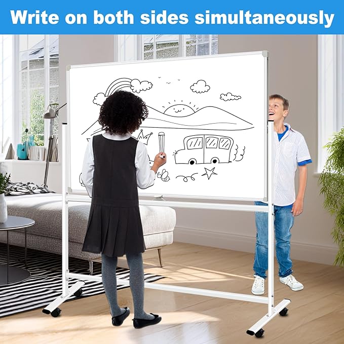 Double-Sided Dry Erase Board with Stand 36"x24", Magnetic Mobile White Board Rolling Whiteboard on Wheels Drawing whiteboard with Stand for Kids & Adults, 2 Eraser, 10 Markers, 12 Magnets