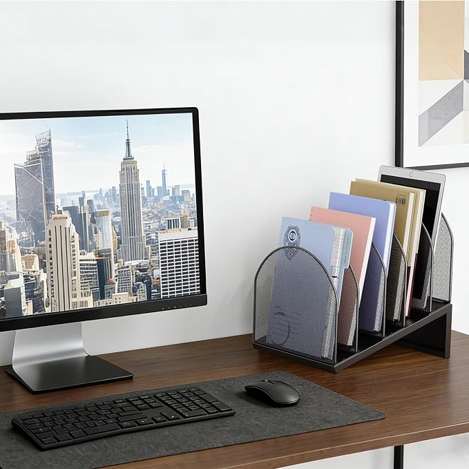 gianotter Desktop File Organizer with 5 Compartments | Desk Organizer Paper Organizer for Desk Workspace Organizers for Office Supplies (Black, Inclined Style)