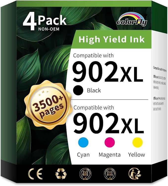 colorfly 902XL Ink Cartridges Combo Pack Replacement for HP902XL (4-Pack) | Works with Officejet Pro 6978 6968 6974 6975 6960 Officejet 6951 6954 6956 6958 Printers