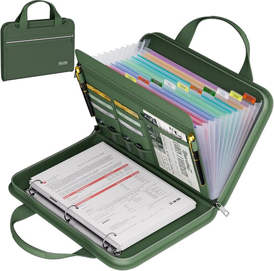 Tamfile Fireproof Accordion File Folder with Handle, Document Organizer | Expanding File Folder with 13 Pockets, Multiple Pockets, Water Resistant,Portable Travel Home Safe for A4 File,Travel,Green
