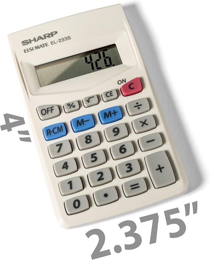 Sharp 8-Digit Battery-Powered Pocket-Size Calculator, Standard Function Wallet Calculator with LCD Display, Fits in Purses, Pockets & Workbags, 4 x 2.4-Inches, White (EL233SB)