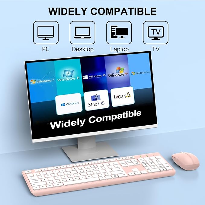 Wireless Keyboard and Mouse Combo, Full-Size Silent Ergonomic Keyboard and Optical Mouse, Long Battery Life, 2.4G Lag-Free Mice Keyboard for Computer,Mac,Laptop,PC,Windows(White Pink)