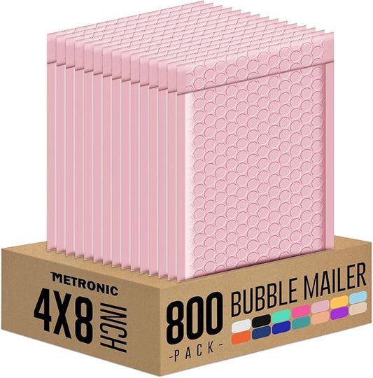 Metronic Small Bubble Mailers 4x8 800Pack Bulk Bubble Mailers Usable Size 4x7", Waterproof Shipping Envelopes Self-Seal Padded Envelopes, Packaging for Small Business, Jewelry, Light Pink