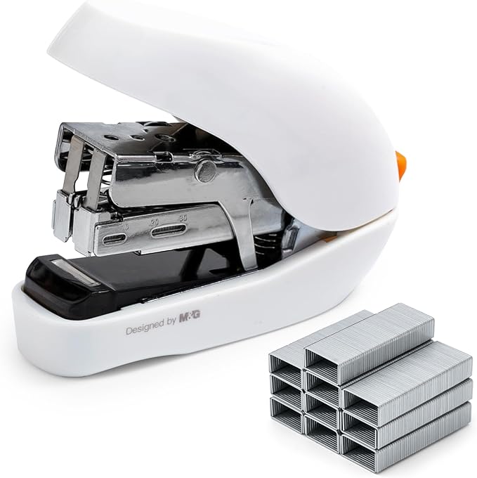 M&G Mini Stapler with Staples, Small White Effortless Stapler Set, 20 Sheet Capacity, One Finger, 1000 Standard Staples, Office staplers for Desk, Easy to Load
