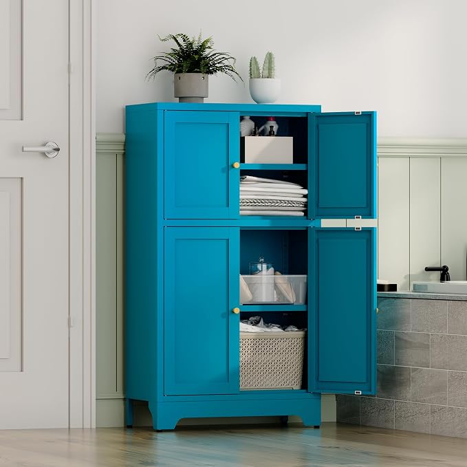 YAUWOH Blue Bathroom Floor Cabinet, Metal Storage Cabinet with 2 Adjustable Shelves & 4 Doors,Freestanding Sideboard for Dining Room,Living Room, Home Office