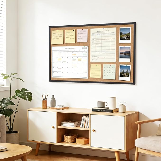 Cork Board Bulletin Board with Black Wood Frame， 32 x 48 Large Corkboard Pin Board for Wall,Office,Home and School
