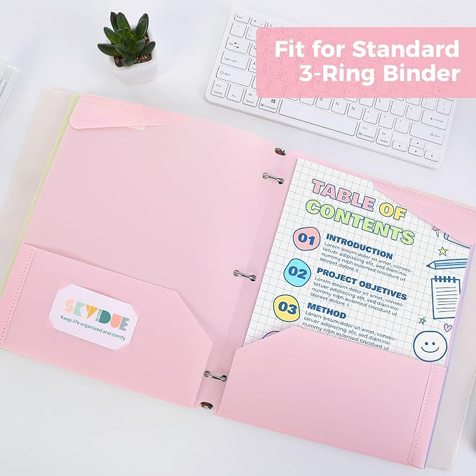 SKYDUE Plastic Folders with Pockets, 6 Pack File Folders with Tabs & Stay-Put Flaps, 3 Hole Punch 2 Pocket Folders for 3 Ring Binder, Letter Size Document Organizer for School Office, Sweet Pastels
