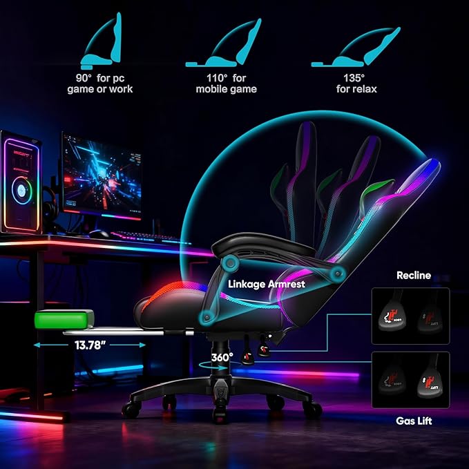 Gaming Chair, RGB LED Lights Computer Chair with Footrest, Lumbar Support Massager Gamer Chair, High Back, 90-135° Reclining, Linkage Armrests, Green