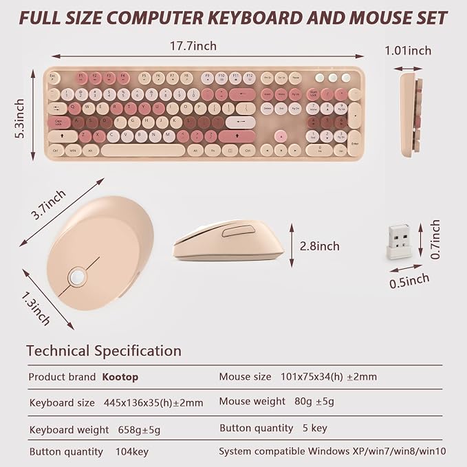 Wireless Keyboard and Mouse Cute Retro Typewriter for PC | Full Size With Number Pad & Mouse,Compatible With All Windows,Ideal For Windows,1600DPI,Computer, PC, Notebook, Laptop