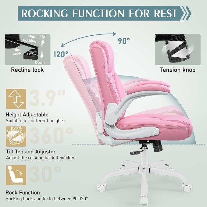 Leather Office Chair, PU Home Computer Desk Chairs with Ergonomic Back Support, 360°Swivel Free，Small Gaming Chair with Wheels and Adjustable Armrests, for Short People Use