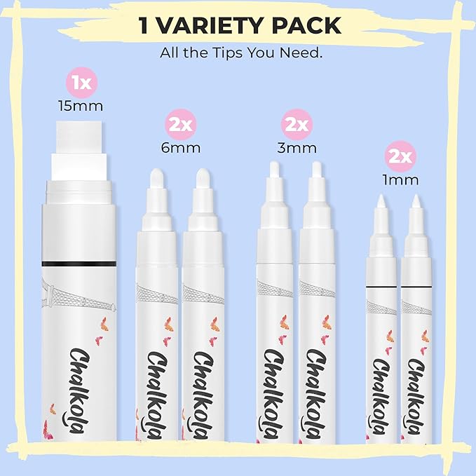 Chalkola 7 White Chalk Markers for Blackboard, Chalkboard Signs, Car Window, Bistro, Glass | Washable Fine Tip, Bold & Jumbo Size Dry Erase Liquid Chalk Pens Erasable (1mm, 3mm, 6mm, 15mm)