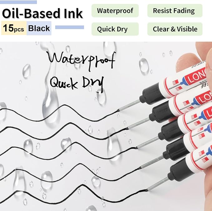 15 Pcs Long Nib Marker, 20 mm Long Head Deep Hole Marker Pens, Fine Nose Tip Deep Reach Permanent Paint Markers for Metal, Marking Pen for Drilling, Carpenter, Woodworking, Construction (Black)