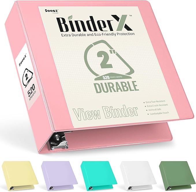 Sooez BinderX Extra Durable 2 Inch 3-Ring Binder, Holds 520 Sheets of 8.5x11 Paper, Customizable View Cover with Inside Pockets, Heavy Duty Binder for School, Pink