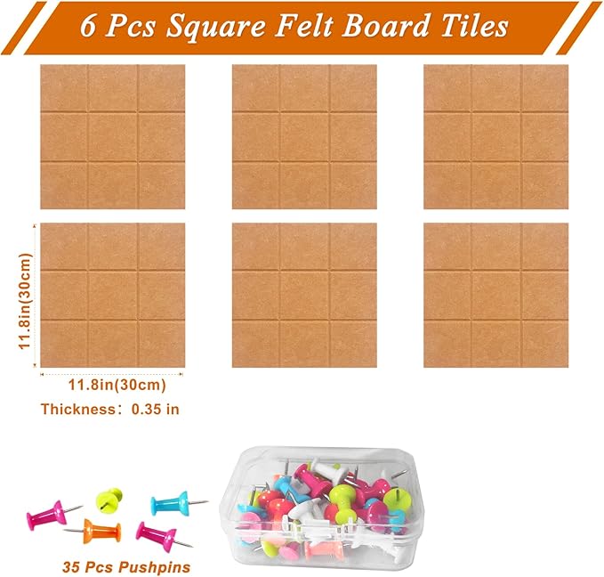 Large Square Felt Cork Board Tiles, Self Adhesive DIY Felt Bulletin Board Pin Board with 35 Pushpins for Office School Home Wall Decor Stickers Memos Photos Display (Deep Camel)