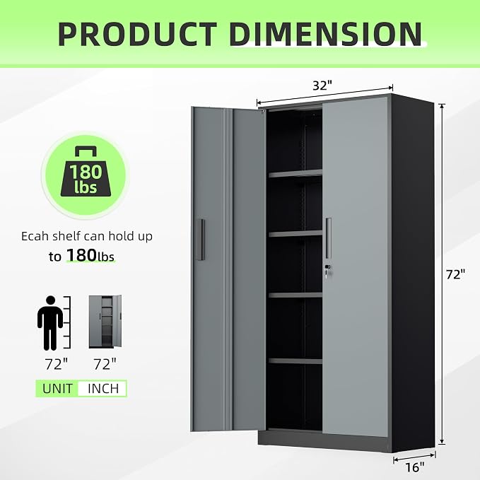 Metal Storage Cabinet, 72" Locking Steel Cabinets with 2 Door and 4 Adjustable Shelves, Tall Metal Cabinet for Home Office, Garage, Warehouse,(Black+Grey)