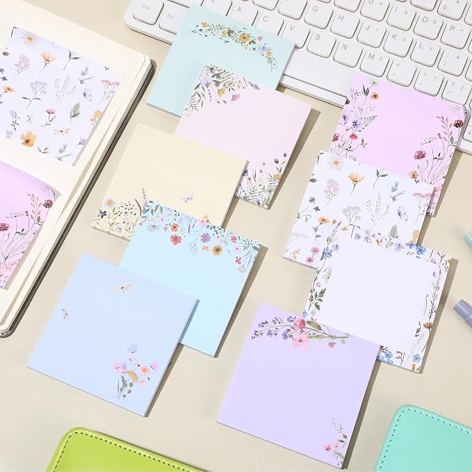 9 Pads Wildflower Sticky Notes, 3x3 Inch Cute Stick Notepads | Adhesive Memo Notes Pad, Coworker Gifts, Office Supplies Decor, Desk Accessories for Students, Teacher, Meeting