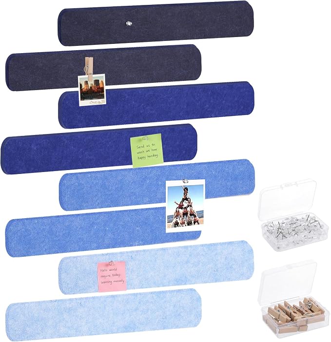 8 Pack Felt Bulletin Board Strips, 13x2 Inch Pin Board, Cork Boards | Self Adhesive, Includes 50 Pushpins and 10 Wooden Clips Push Pins, for Walls Home School Office Decor (Serene Blue Mist)