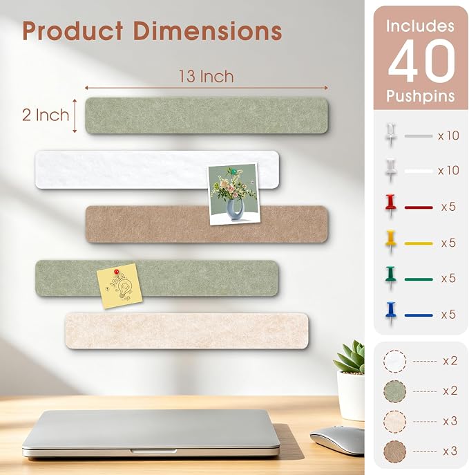 DOLLAR BOSS 10-Pack 13"x2" Felt Board Strips, Natural Earth Tones | Small Cork Board for Walls, Alternative Bulletin Pin Board, Bar Strip, For Office Home Door Fridge, Includes 40 Pins