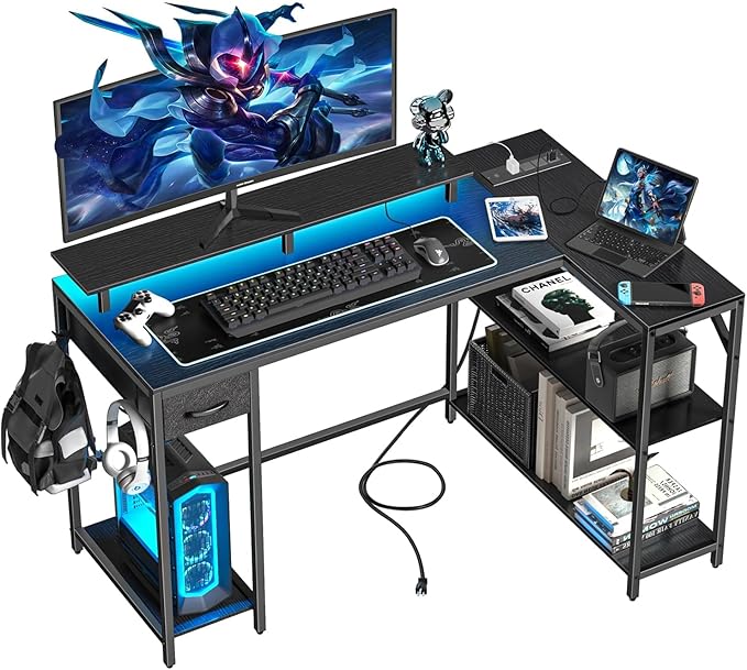 L Shaped Gaming Desk with Power Outlet & Led Light, 47 inch Reversible Computer Desk with Shelves, Hooks, and Drawer, Cornor Home Office Desk Table for Living Room, Bedroom, Black