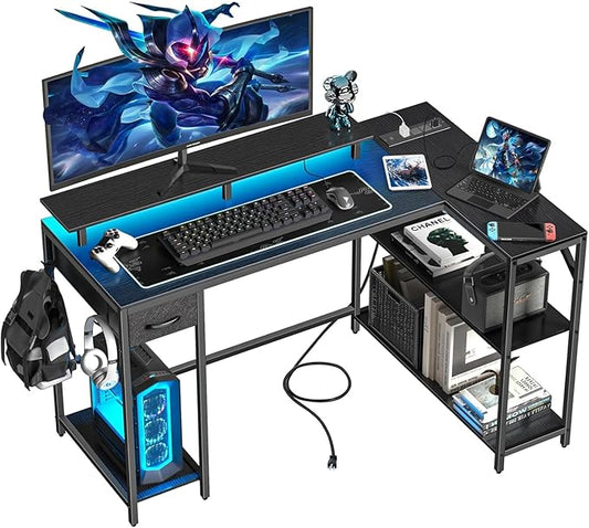 L Shaped Gaming Desk with Power Outlet & Led Light, 47 inch Reversible Computer Desk with Shelves, Hooks, and Drawer, Cornor Home Office Desk Table for Living Room, Bedroom, Black