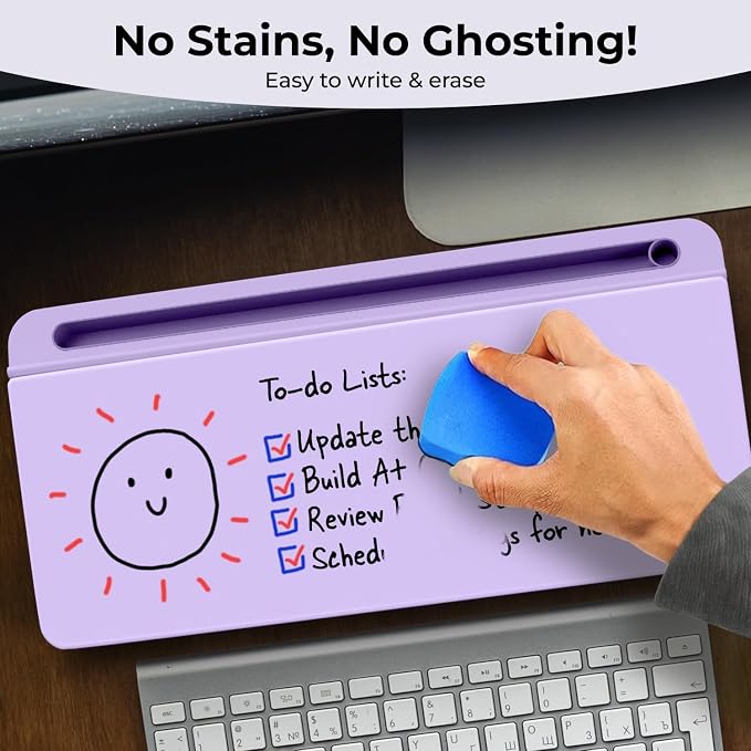 Chalkola Lavender Glass Desktop Whiteboard with Storage + 3 Markers | Dry Erase Board, Work Desk Organizers, Computer Keyboard Stand, Home Office Supplies for Women, Accessories, Workspace Buddy