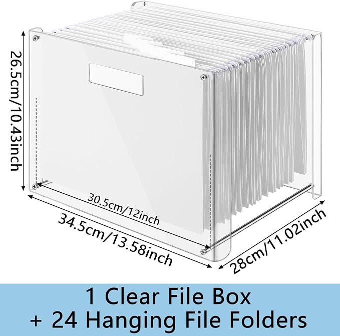 Dispowreath 24 Hanging File Folders Acrylic Desktop Organizer,White | Clear Acrylic Box with Handles, Letter A4 Compatible, Colorful Tab Labels Included, for Classroom Office,Back to School