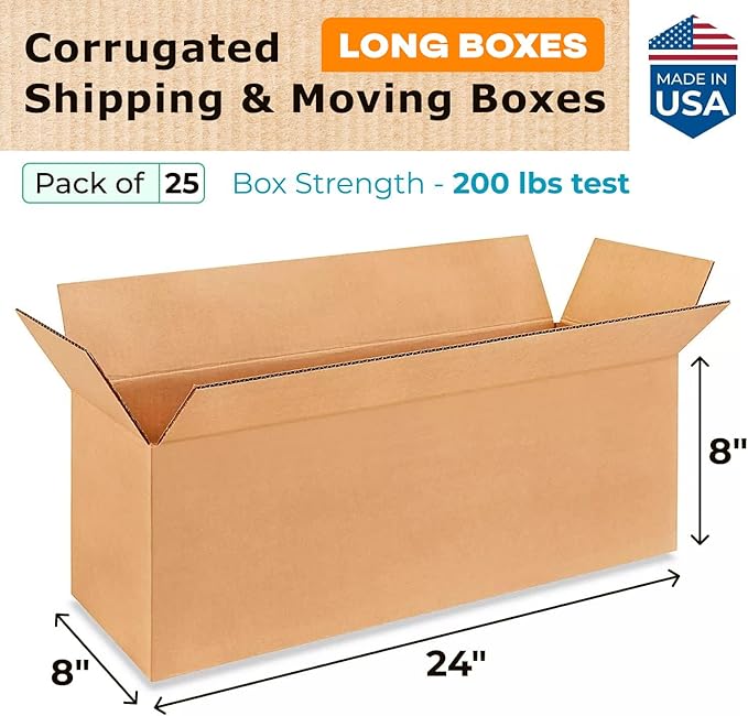 Long Moving & Shipping Boxes 24"L x 8"W x 8"H (25-Pack) - Extra Strength 200 lb vs Regular - USA-Made Corrugated Strong Packing Boxes - Long Shipping Box - Recycled Cardboard Box by IDL Packaging