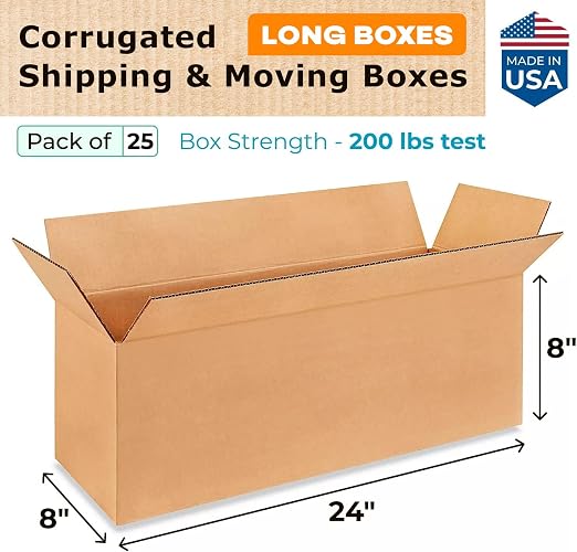 Long Moving & Shipping Boxes 24"L x 8"W x 8"H (25-Pack) - Extra Strength 200 lb vs Regular - Corrugated Strong Packing Boxes - Long Shipping Box - Recycled Cardboard Box by IDL Packaging | Extra Strength 200 lb vs Regular - Corrugated Strong Packing Bo...