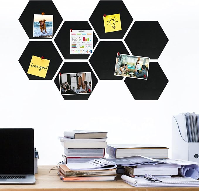 Large Hexagon Felt Cork Board Tiles, Self Adhesive DIY Felt Bulletin Board Pin Board with 35 Pushpins for Office School Home Wall Decor Stickers Memos Photos Display(Black)