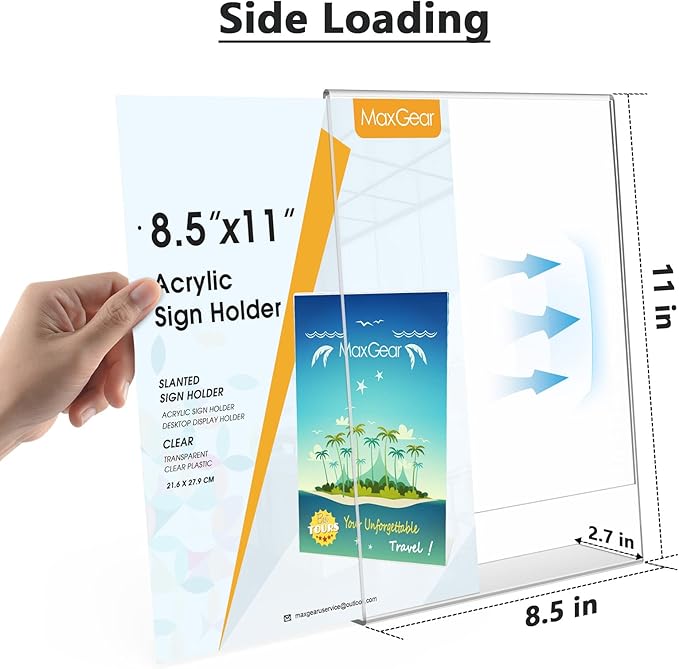 MaxGear Acrylic Sign Holder 8.5 X 11, Plastic Paper Holder With Vertical Slanted Back, Picture Photo Frames Display Stand Flyer and Document Organizer for Office Desktop Use, 10 Pack