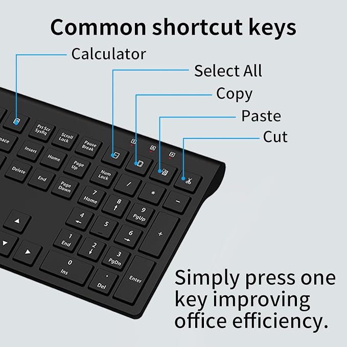 Slim Silent Full Size Wireless Keyboard Mouse Combo Black | With calculator key, 2400 DPI quiet mouse, USB cordless set, compatible with Windows, Mac, Laptop & PC