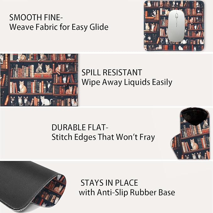 Mouse Pad for Desk with Stitched Edge, Premium Cute Washable Mouse Pads. Computer Mousepad with Non-Slip Rubber Base, Mousepads for Laptop, 9.25x7.75x0.12 inch (Cat Library)
