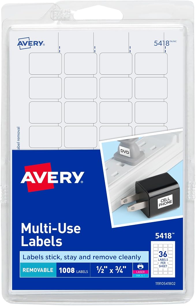 Avery® Removable Print or Write Labels, White, 0.5 x 0.75 Inches, Pack of 1008 (5418)