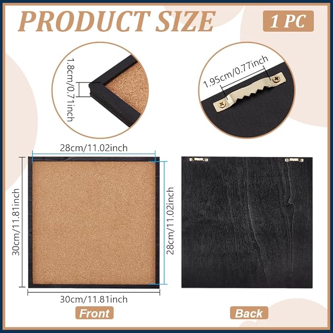 BENECREAT Pin Board Square Cork Board with Black Frame, 11.8x11.8inch Wall Mounted Cork Board for Brooch Pin Storage, Office Home Festival Wedding Decor, 0.7inch Thick