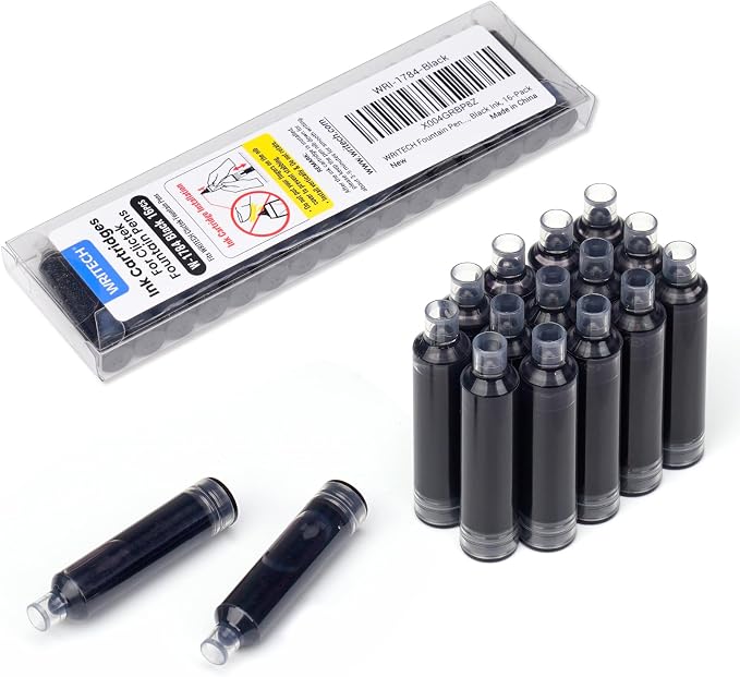 WRITECH W-1784 Cartridge Black Ink: 16ct for Clictek Fountain Pen | Refillable Design Ink Cartridges Only for WRITECH Clictek Fountain Pens, Blue or Black Available, No leaking Smooth Writing