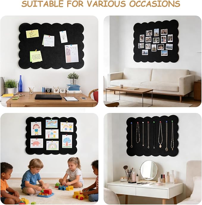 Felt Bulletin Board 24" x 18" Cork Board Alternative,Decorative Felt Pin Board Foldable Cork Boards for Walls Self-Adhesive Cork Board for Home Office Classroom Pin Board (Black)