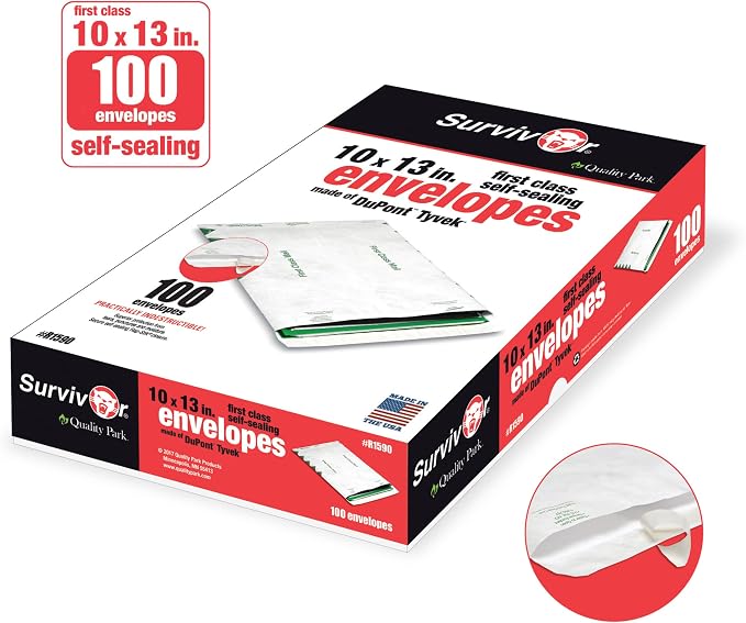 Quality Park R1590 Survivor Tyvek USPS First Class Mailer, 10 x 13, White, Pack of 500