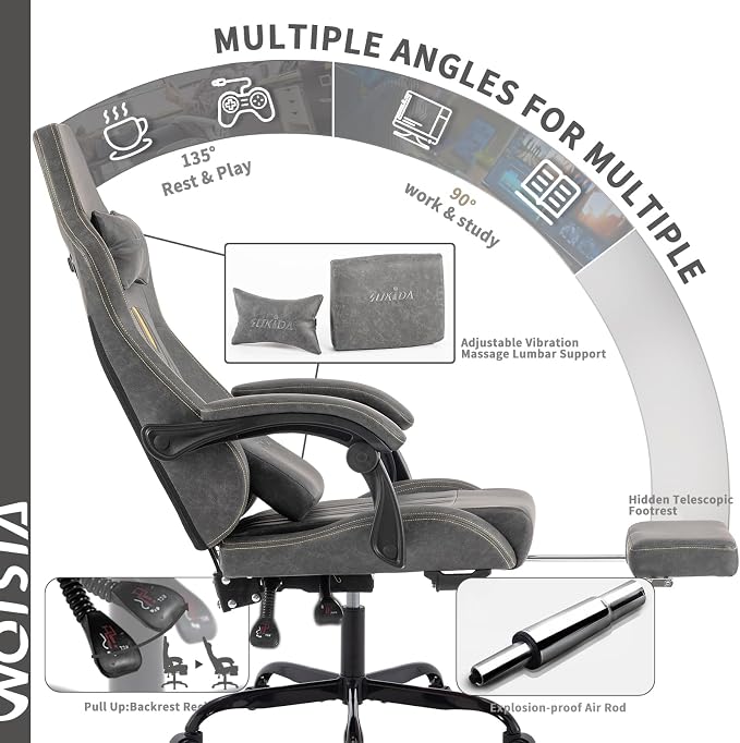 Gaming Chair with Footrest Ergonomic Computer Chair Massage Lumbar Cushion, Racing Video Game Chair Adjustable Rocker Recliner Executive Office Desk Chair Pu Leather for Adults, Grey