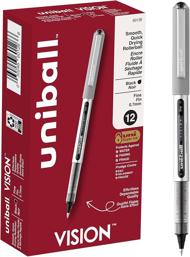 uni-ball(R Vision(TM) Rollerball Pens,0.7 mm,Fine Point,Gray Barrel,Black Ink,60126,12 Count (Pack of 12)