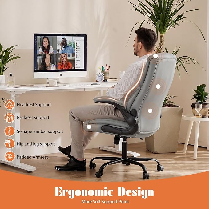 Sweetcrispy Office Computer Gaming Chair Set of 2, Ergonomic High Back Heavy Duty Task Desk Office Chairs with Wheels, Flip-up Arms, Adjustable Height, PU Leather, Grey