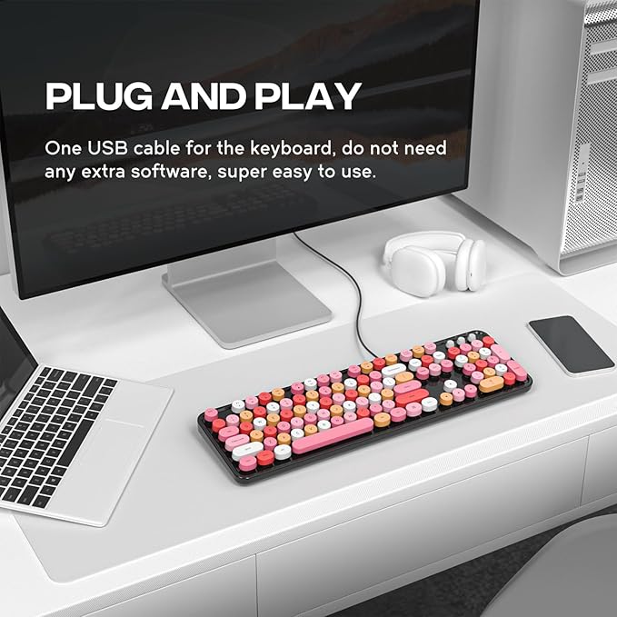 Computer Keyboard Wired, Plug and Play USB Retro Round Typewriter Keyboard, Full Size Wired Keyboard with Foldable Stands for Laptop and Office PC