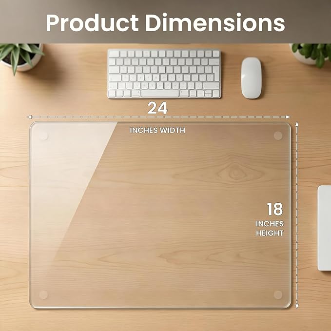 Tempered Glass Desk Pad 24" x 18" - Clear Non-Slip Office Desk Mat for Keyboard & Monitor, Easy to Clean Glass Writing Pad for Home & Work