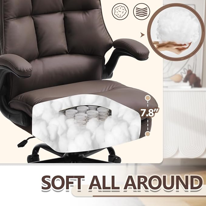 Comfy Office Chair Soft and Double Cushioned Ergonomic Computer Desk Chair | Suitable for Long Hours Executive Office Chair with Flip-up Armrests and Height Adjustment for Home Office Brown