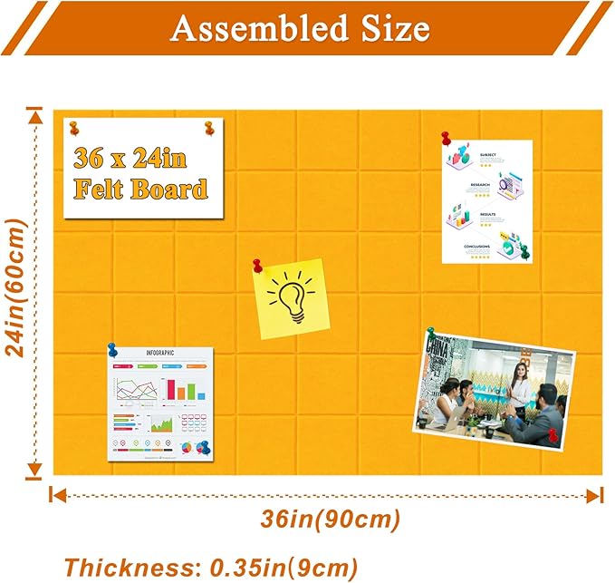 Large Square Felt Cork Board Tiles, Self Adhesive DIY Felt Bulletin Board with 35 Pushpins for Office School Home Wall Decor Stickers Memos (Orange)